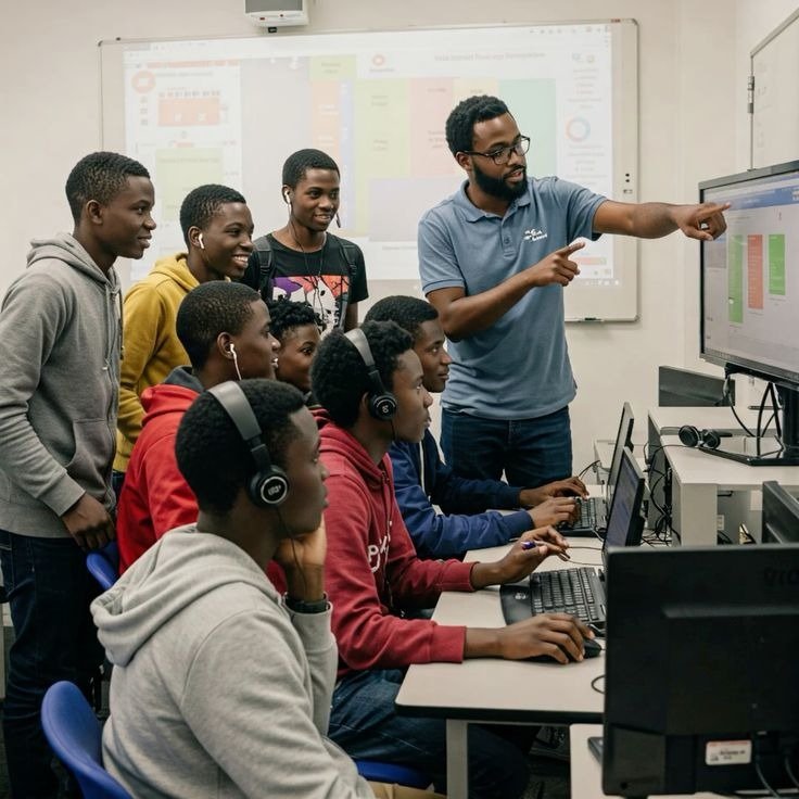 A trainer points at a screen while young people wearing headphones work at computers in a training room